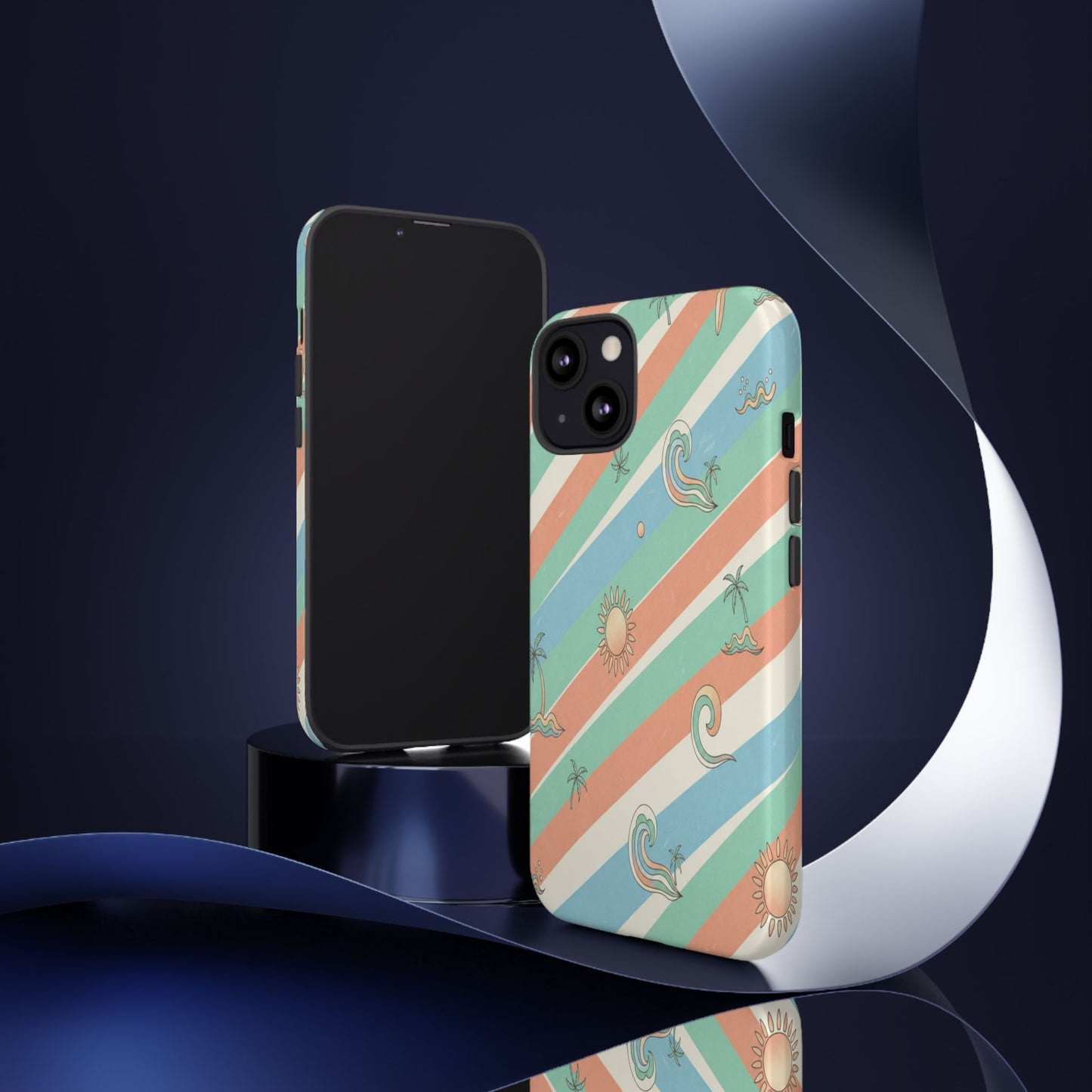 Retro Beach Stripes Phone Case — Sun, Waves & Palm Pattern Tough Case