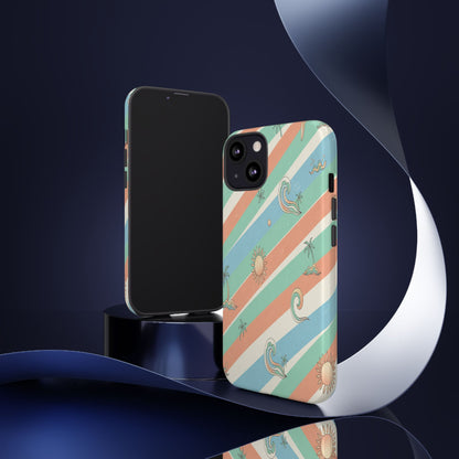 Retro Beach Stripes Phone Case — Sun, Waves & Palm Pattern Tough Case