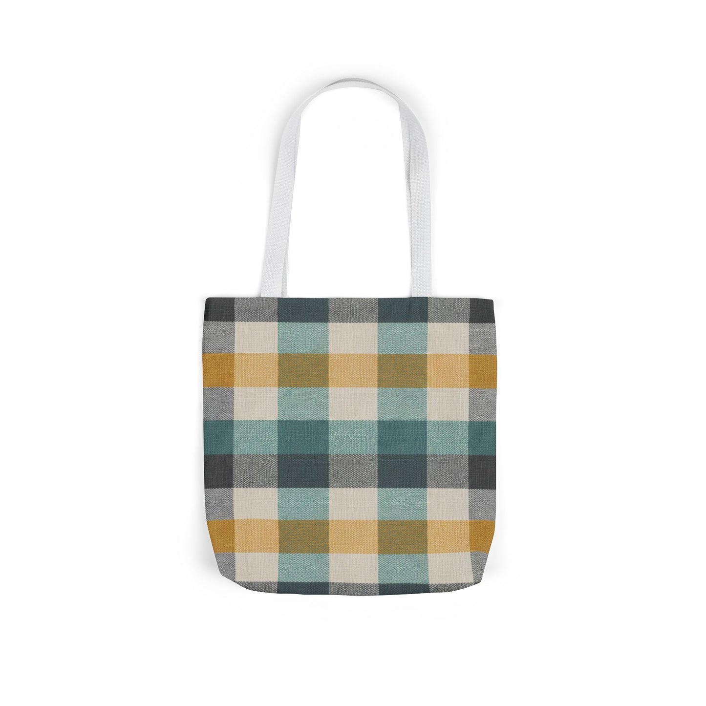 Plaid Canvas Tote Bag — Teal, Mustard & Charcoal Checkered Market Bag