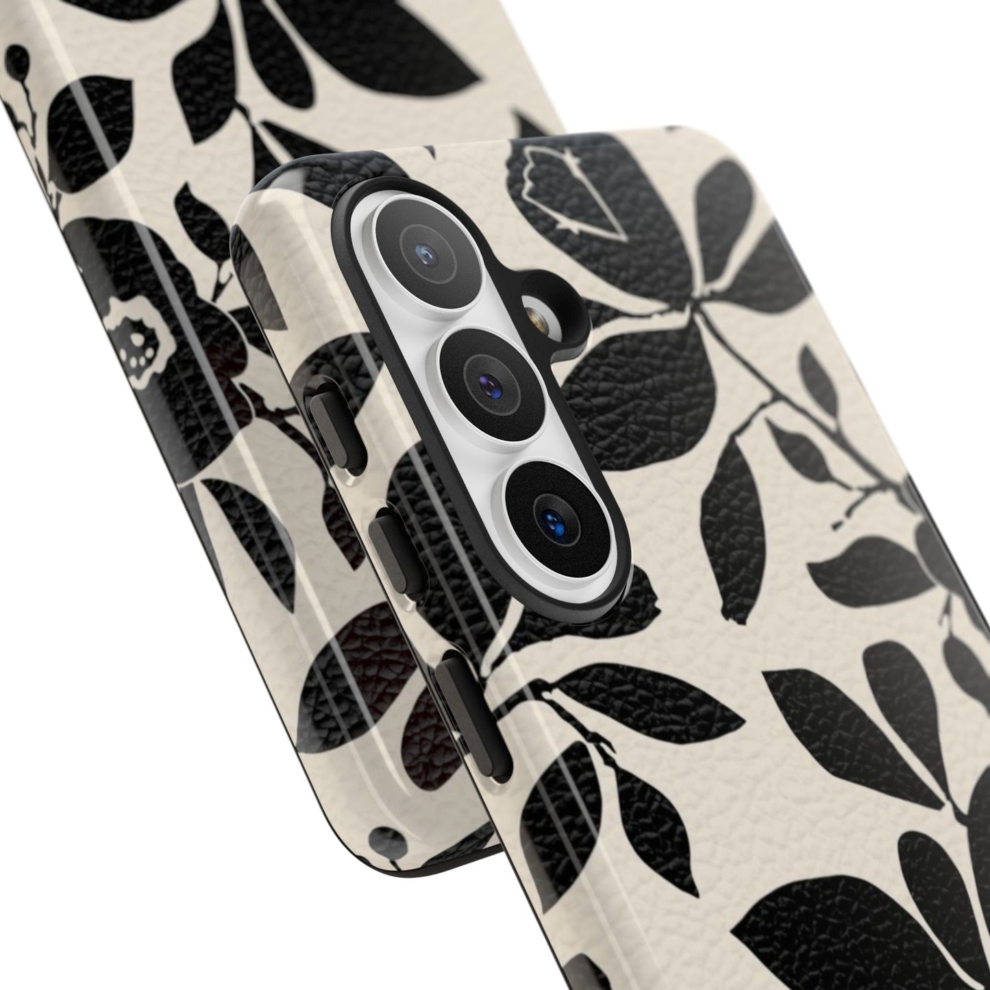 Black Floral Pattern Phone Case — Monochrome Botanical Tough Case
