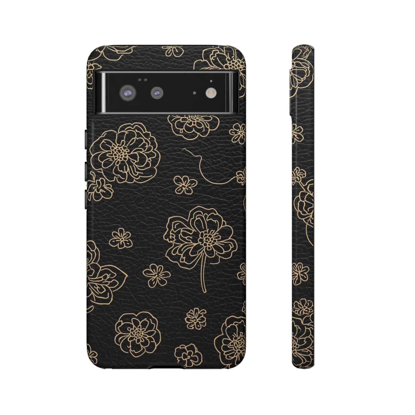 Floral Leather-Texture Tough Case – Black Gold Outline Phone Cover