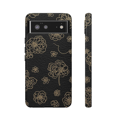 Floral Leather-Texture Tough Case – Black Gold Outline Phone Cover