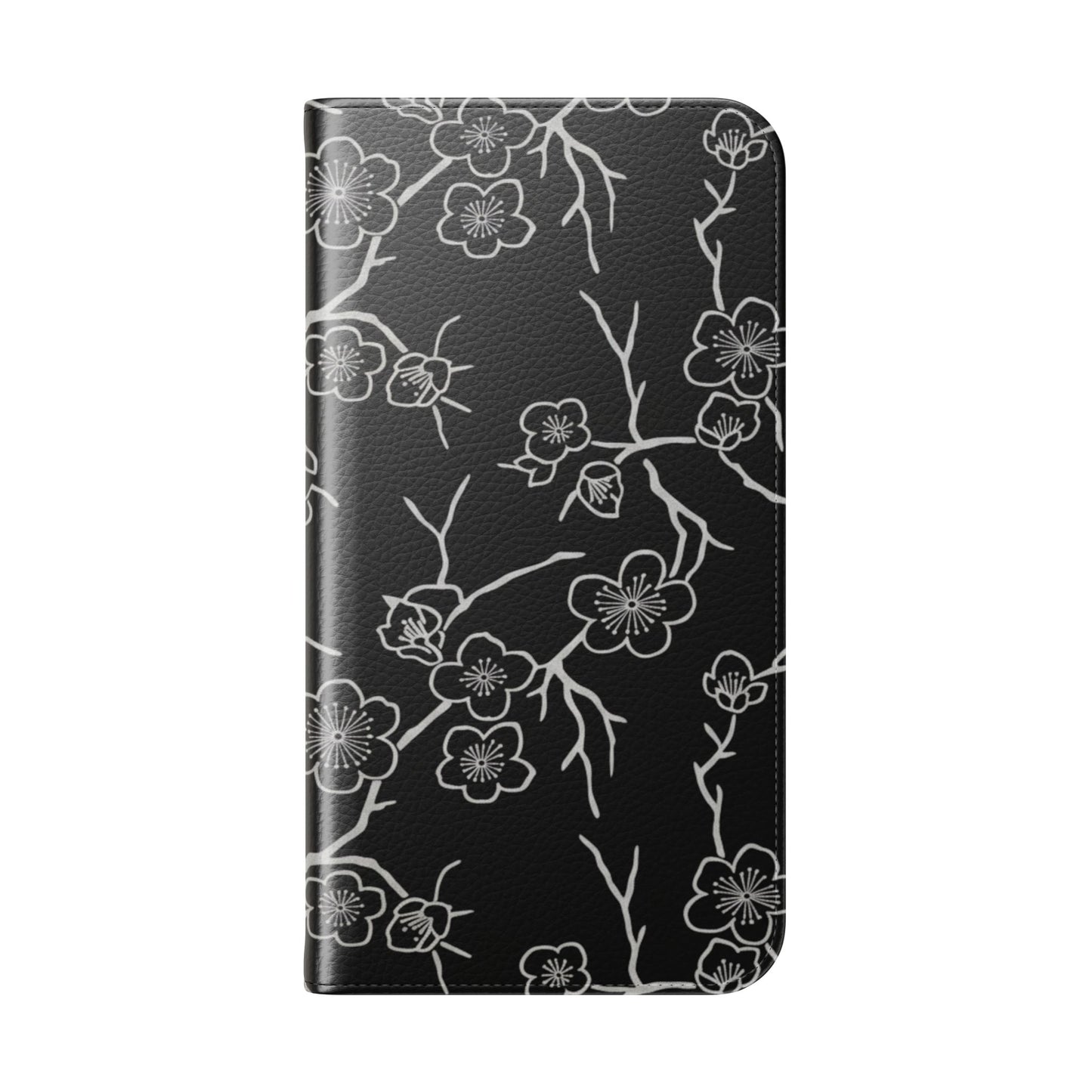Black Cherry Blossom Flip Phone Case – Floral Wallet Flip Case with Card Slots