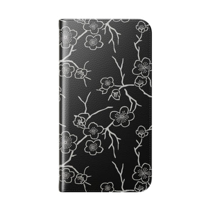 Black Cherry Blossom Flip Phone Case – Floral Wallet Flip Case with Card Slots
