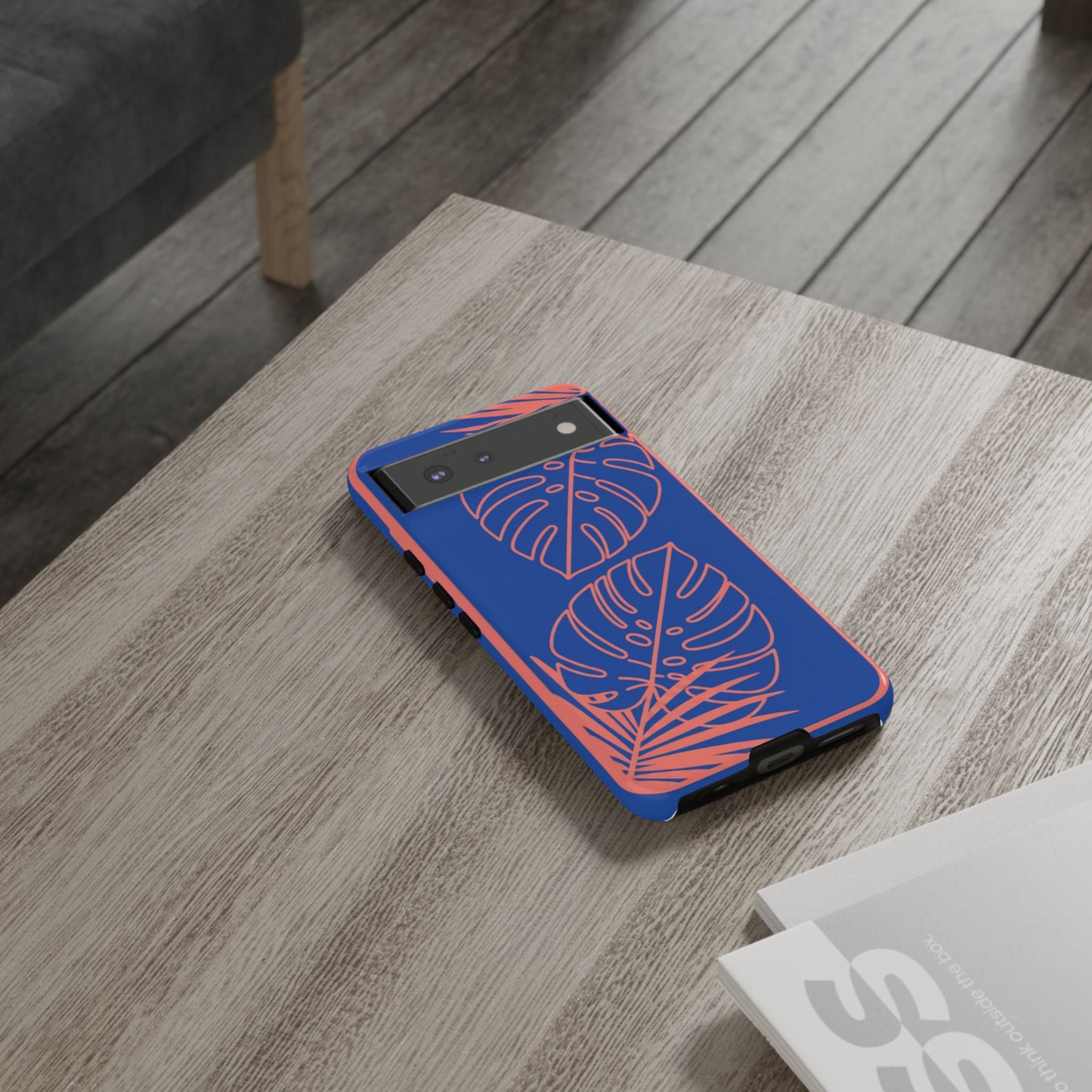 Tropical Monstera Phone Case — Blue & Coral Leaf Protective Cover