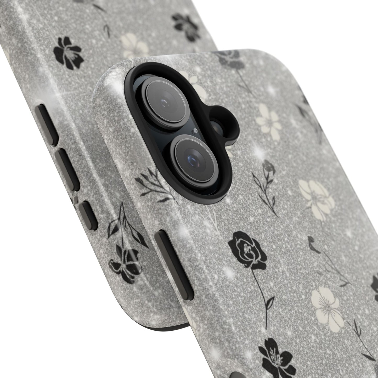 Floral Glitter Tough Phone Case — Black & Silver Vintage Flower Protective Cover