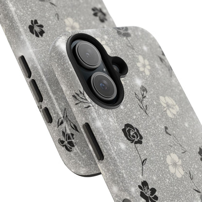 Floral Glitter Tough Phone Case — Black & Silver Vintage Flower Protective Cover