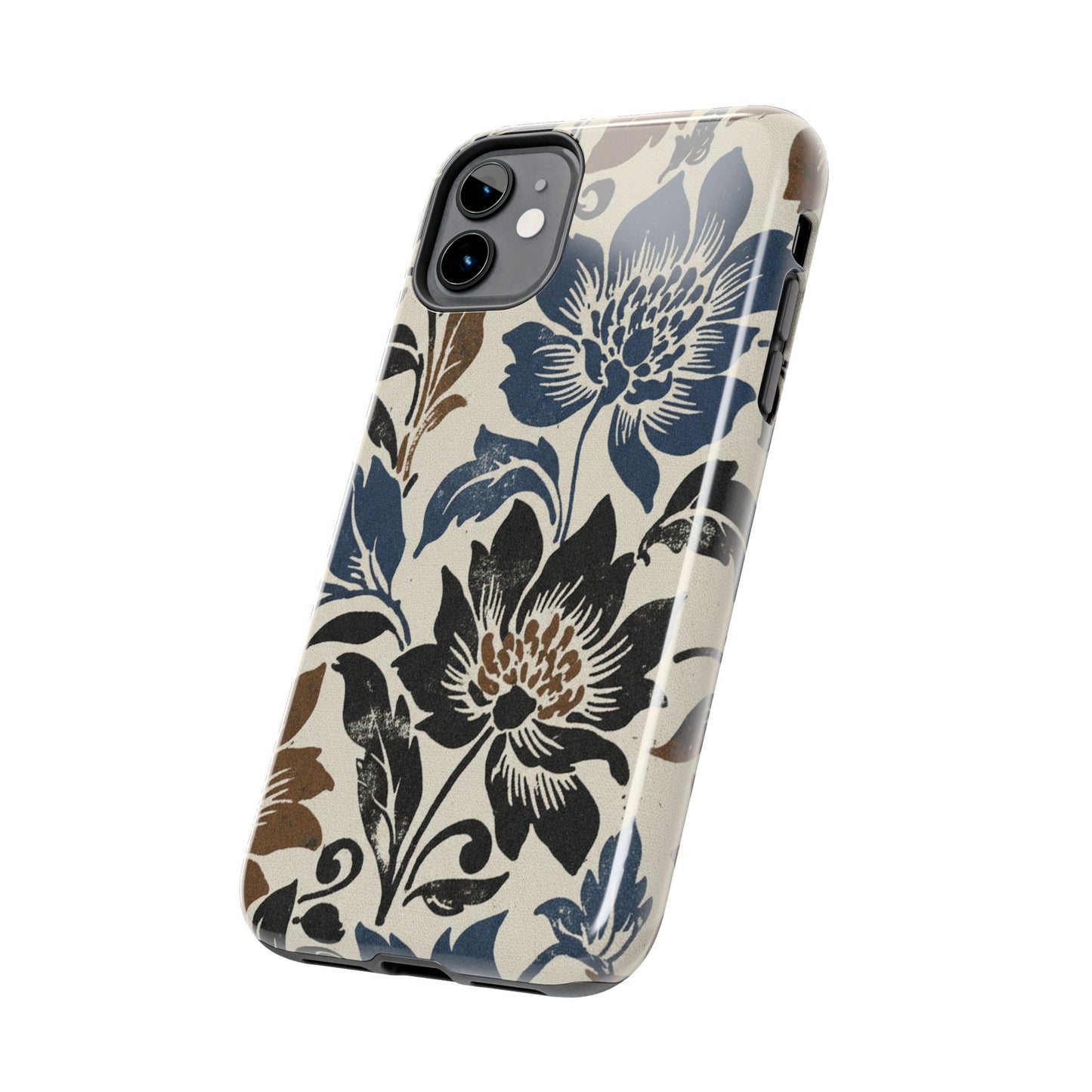 Floral Vintage Tough Phone Case — Blue & Brown Botanical Protection
