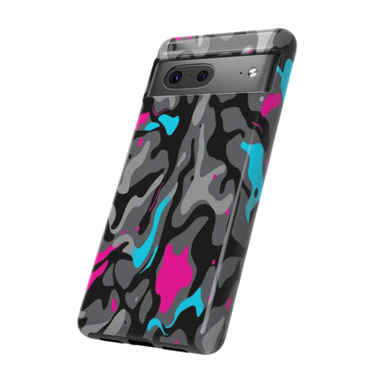 Camouflage Phone Case — Gray Camo with Neon Pink & Cyan Accent Tough Protective Cover