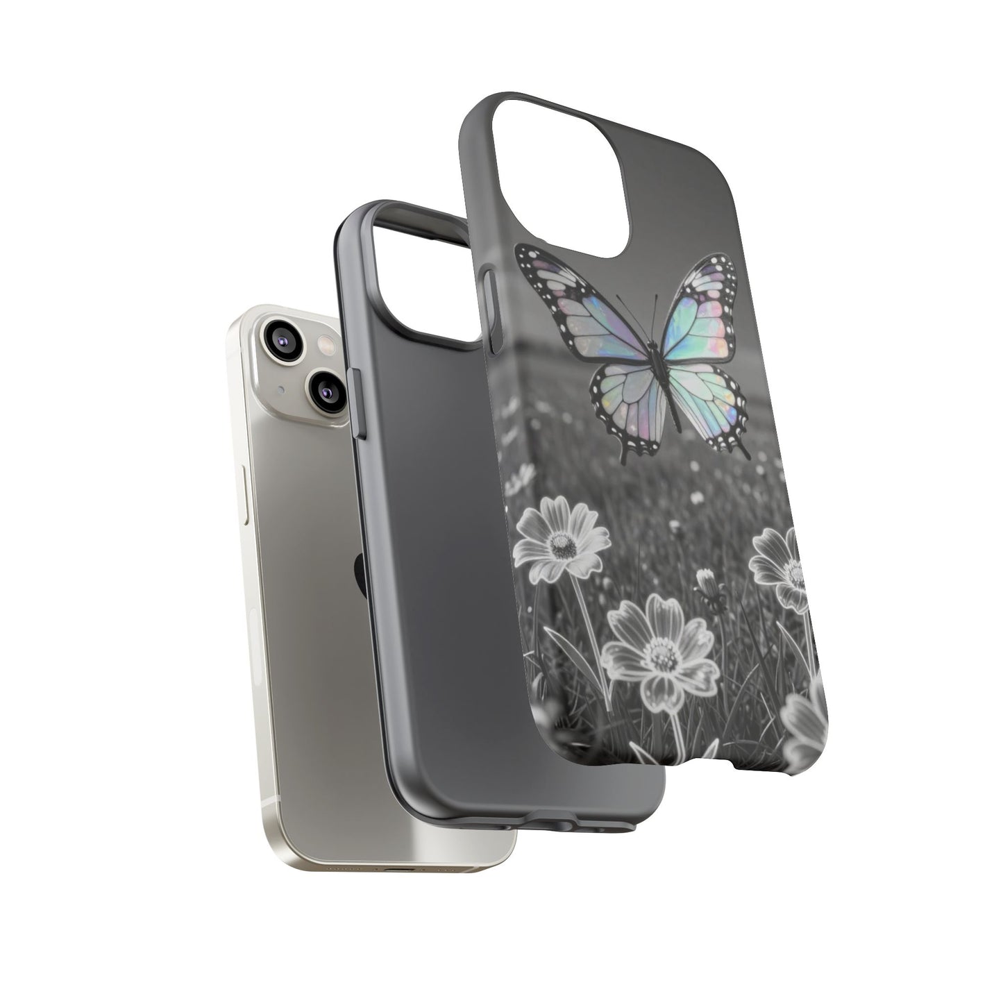 Butterfly Field Tough Phone Case — Pastel Holographic Butterfly on Black & White Floral Background