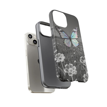 Butterfly Field Tough Phone Case — Pastel Holographic Butterfly on Black & White Floral Background