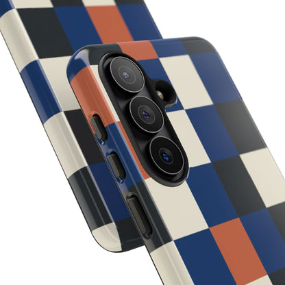 Checkered Retro Phone Case — Blue, Orange & Ivory Geometric Protective Cover