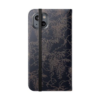 Botanical Noir Flip Phone Case — Dark Floral Wallet Cover with Card Slots