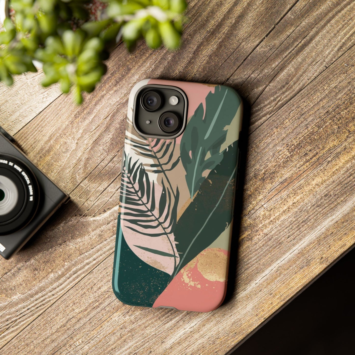 Tropical Leaf Tough Phone Case — Abstract Pink & Green Botanical Protective Cover