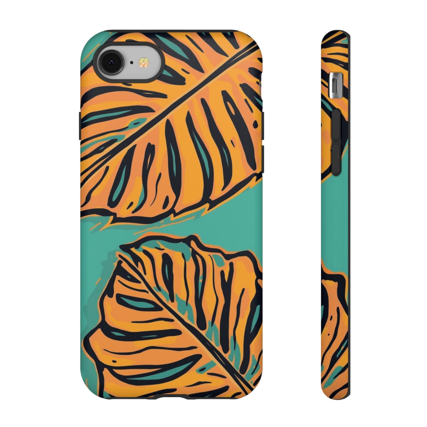 Tropical Leaf Tough Phone Case — Orange Monstera Design on Teal