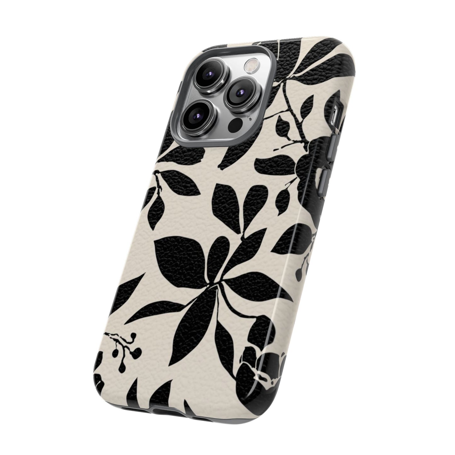 Black Floral Pattern Phone Case — Monochrome Botanical Tough Case