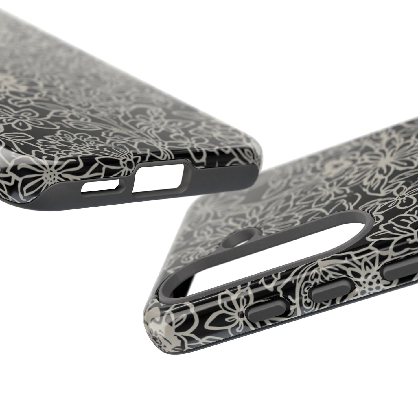 Floral Doodle Tough Phone Case — Black & White Sketch Flower Protective Cover