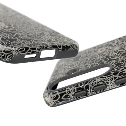 Floral Doodle Tough Phone Case — Black & White Sketch Flower Protective Cover