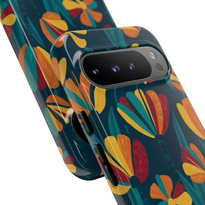 Floral Retro Teal Tough Phone Case — Vibrant Orange & Mustard Blooms