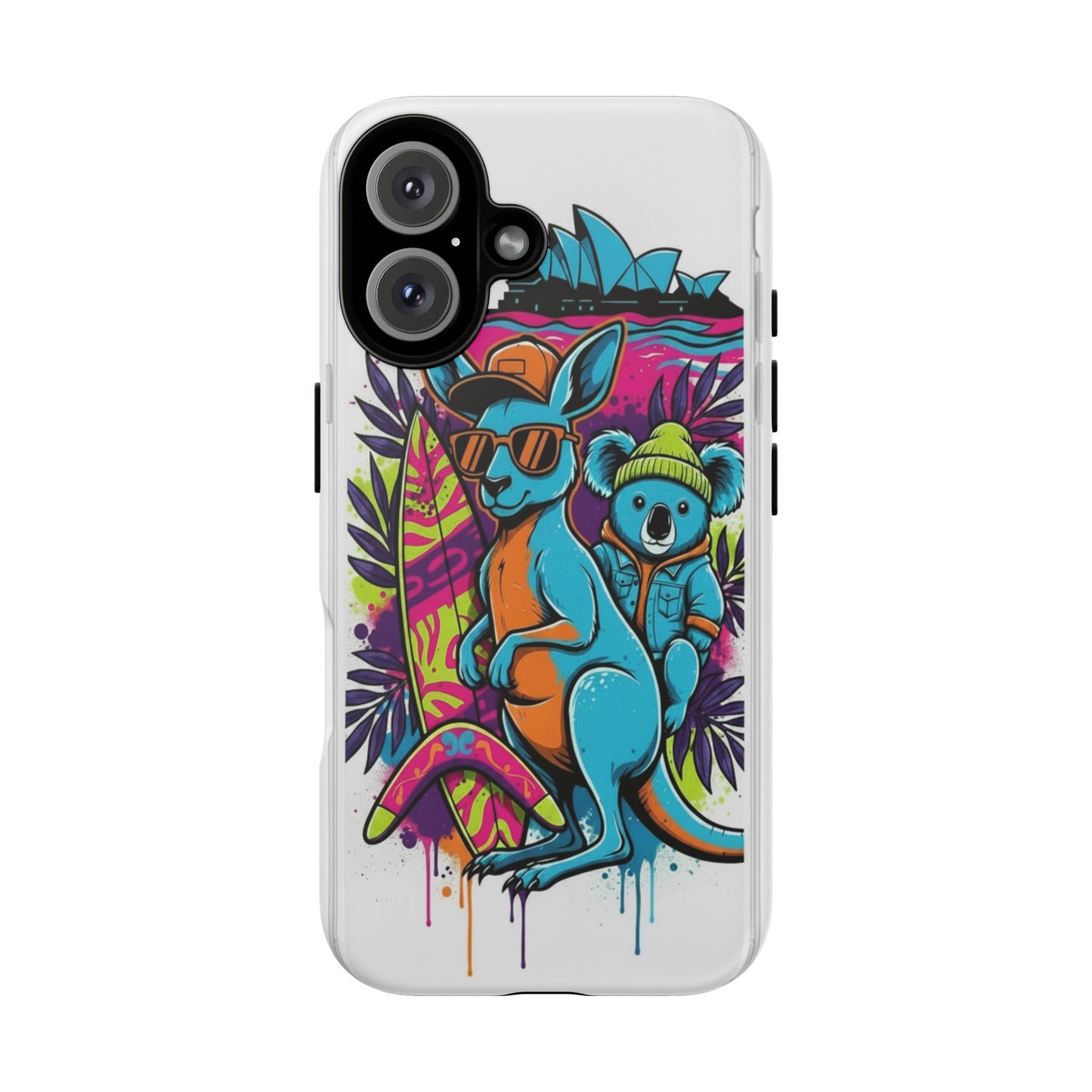 Kangaroo & Koala Surf Phone Case — Retro Neon Beach Art Tough Case