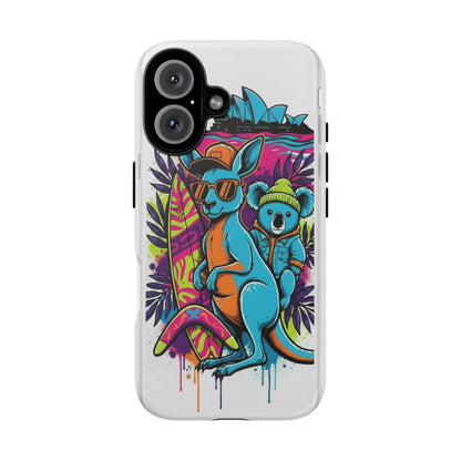Kangaroo & Koala Surf Phone Case — Retro Neon Beach Art Tough Case
