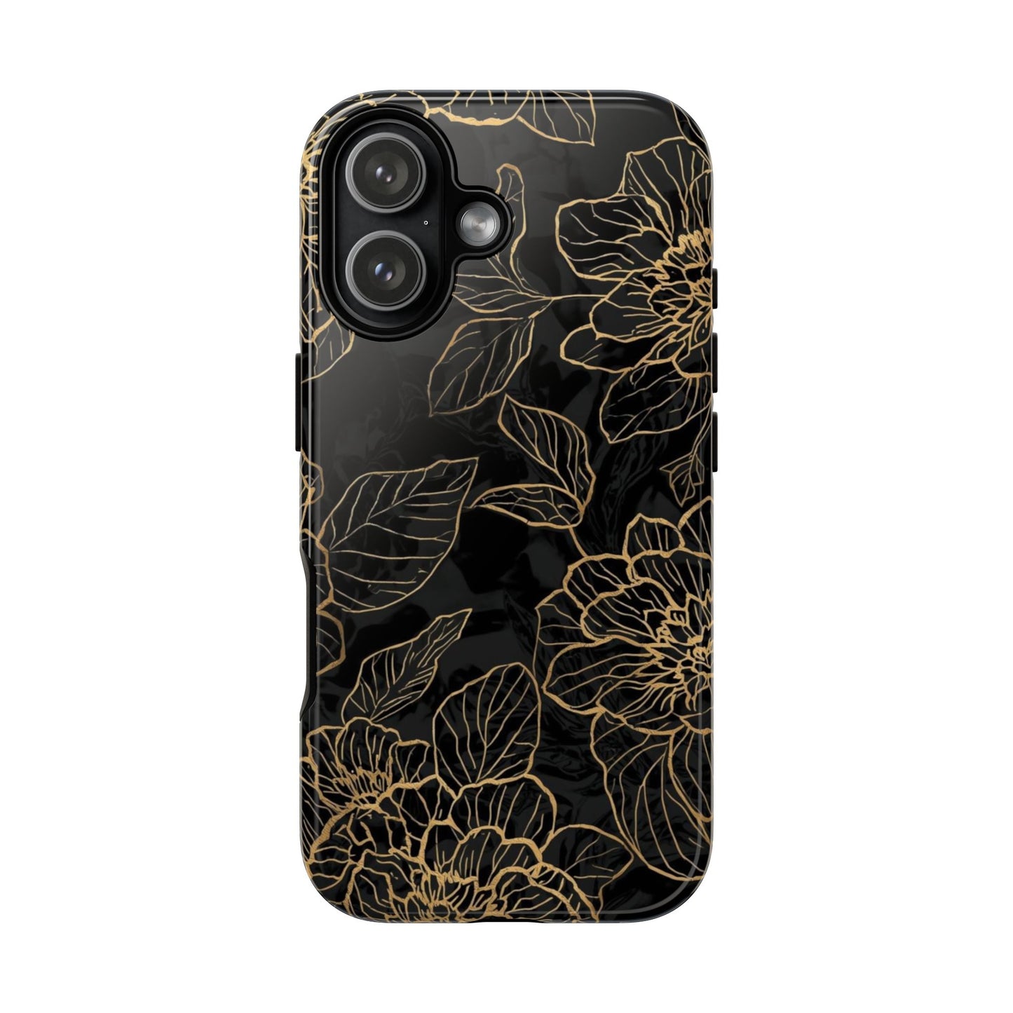 Floral Gold Outline Tough Phone Case – Black Botanical Protective Cover