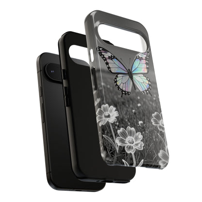 Butterfly Field Tough Phone Case — Pastel Holographic Butterfly on Black & White Floral Background