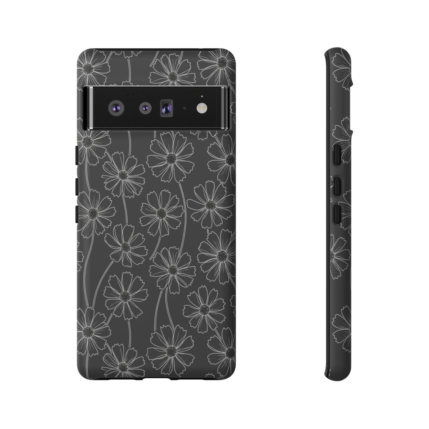 Floral Doodle Tough Phone Case — Black & Gray Daisy Pattern