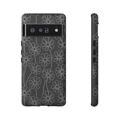 Floral Doodle Tough Phone Case — Black & Gray Daisy Pattern