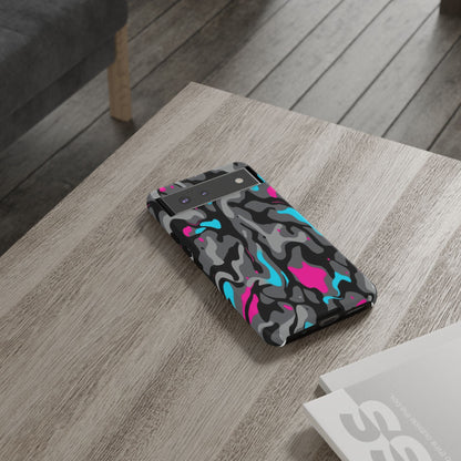 Camouflage Phone Case — Gray Camo with Neon Pink & Cyan Accent Tough Protective Cover