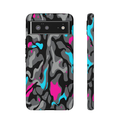 Camouflage Phone Case — Gray Camo with Neon Pink & Cyan Accent Tough Protective Cover