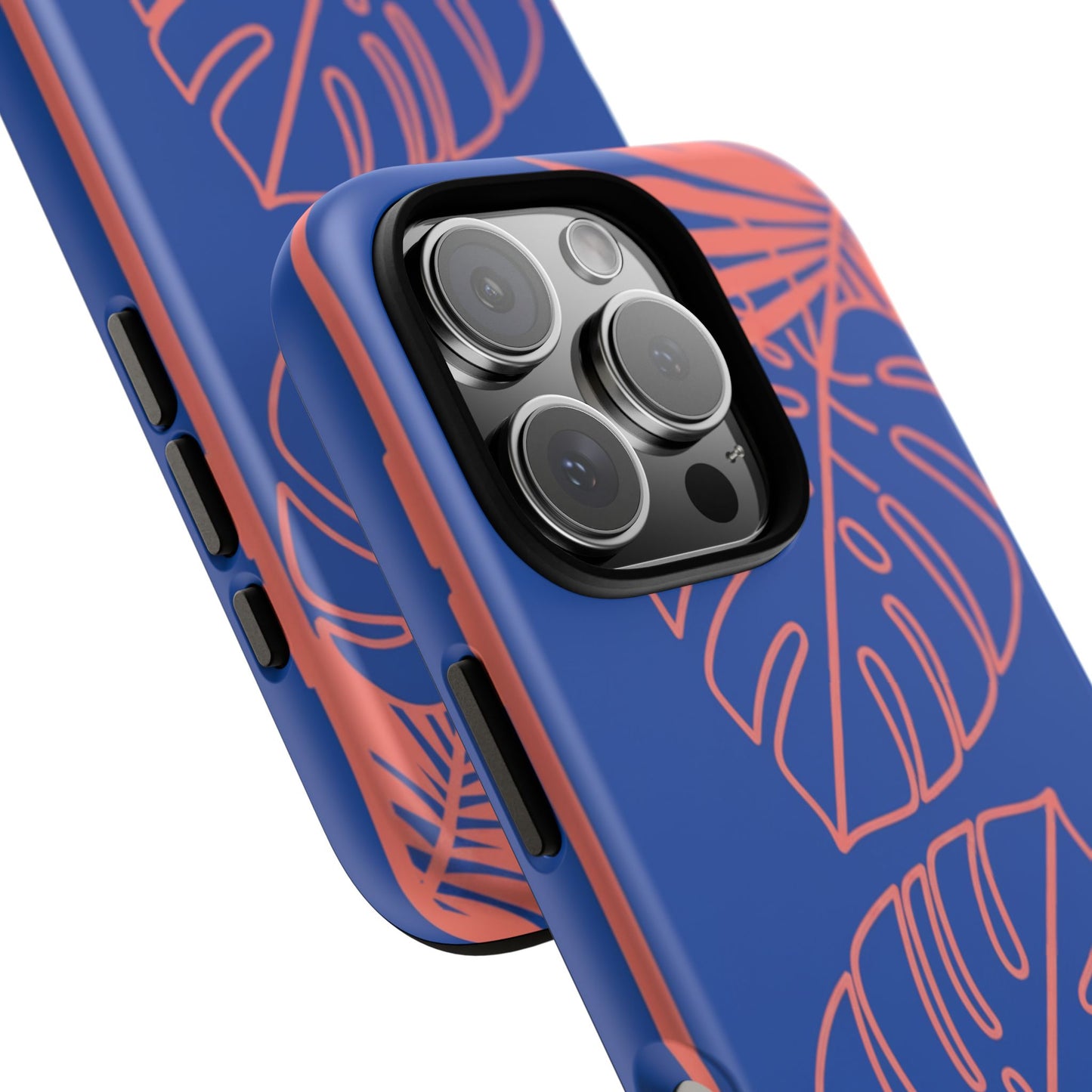 Tropical Monstera Phone Case — Blue & Coral Leaf Protective Cover