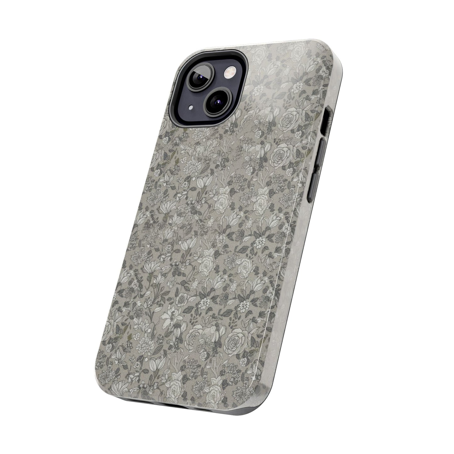 Gray Floral Tough Phone Case — Durable Protective Phone Cover with Vintage Botanical Pattern