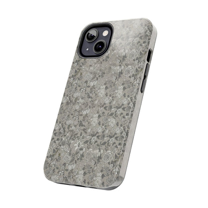 Gray Floral Tough Phone Case — Durable Protective Phone Cover with Vintage Botanical Pattern