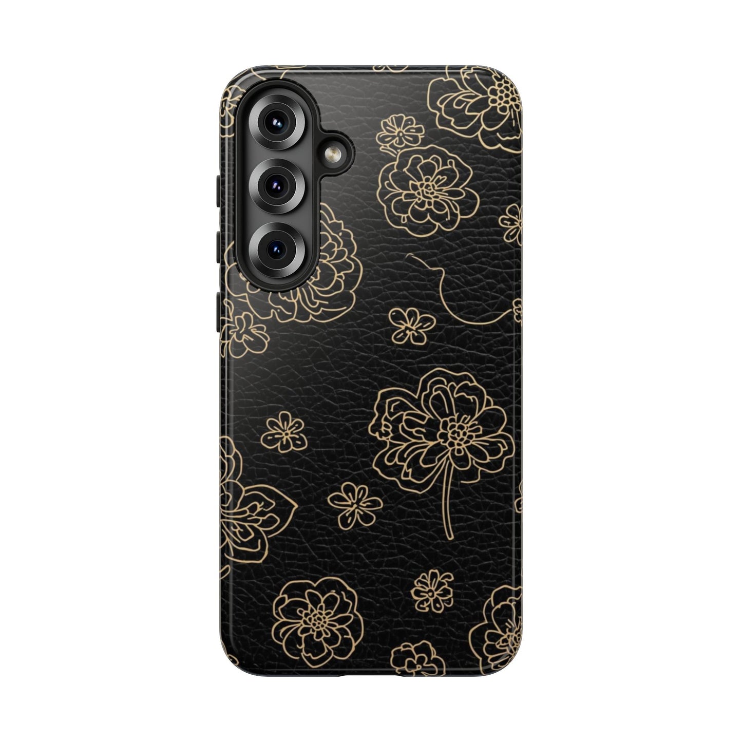 Floral Leather-Texture Tough Case – Black Gold Outline Phone Cover