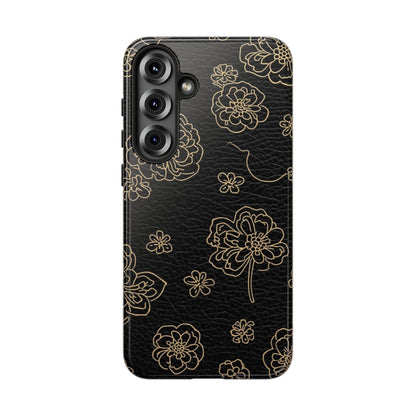 Floral Leather-Texture Tough Case – Black Gold Outline Phone Cover