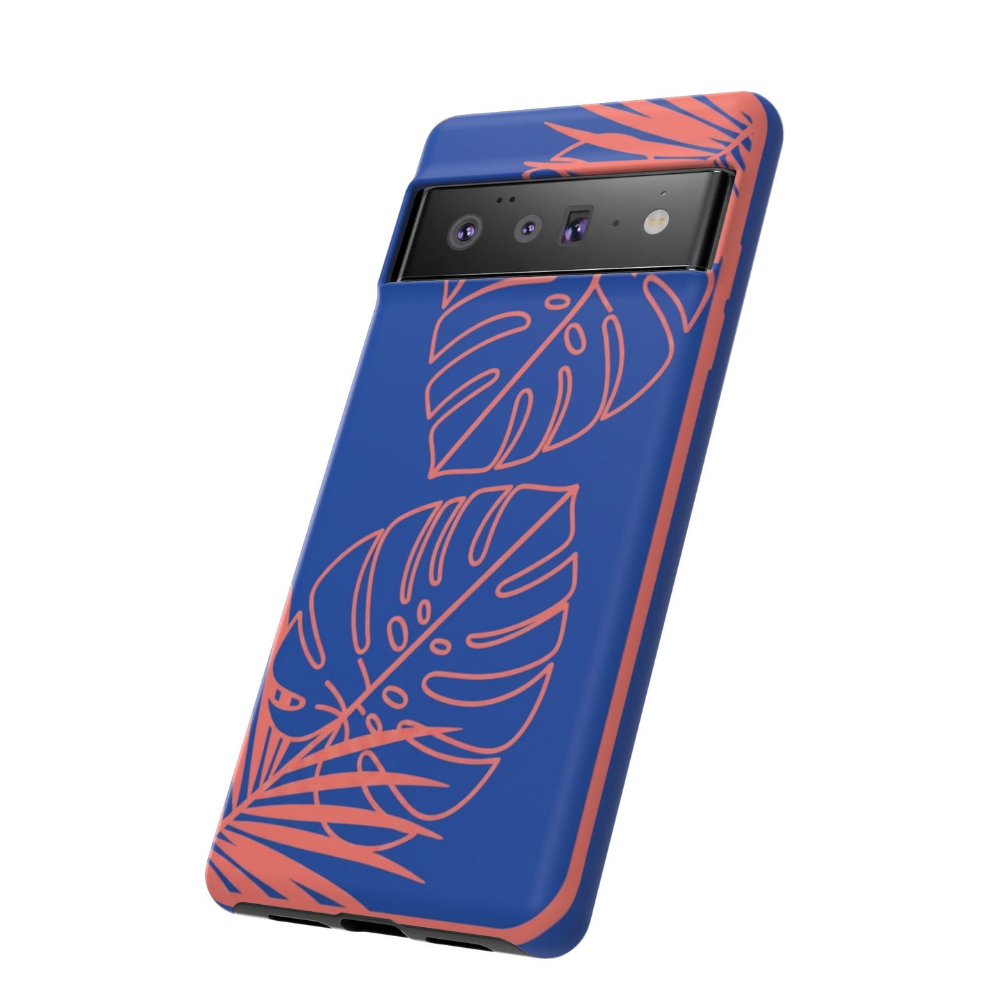 Tropical Monstera Phone Case — Blue & Coral Leaf Protective Cover