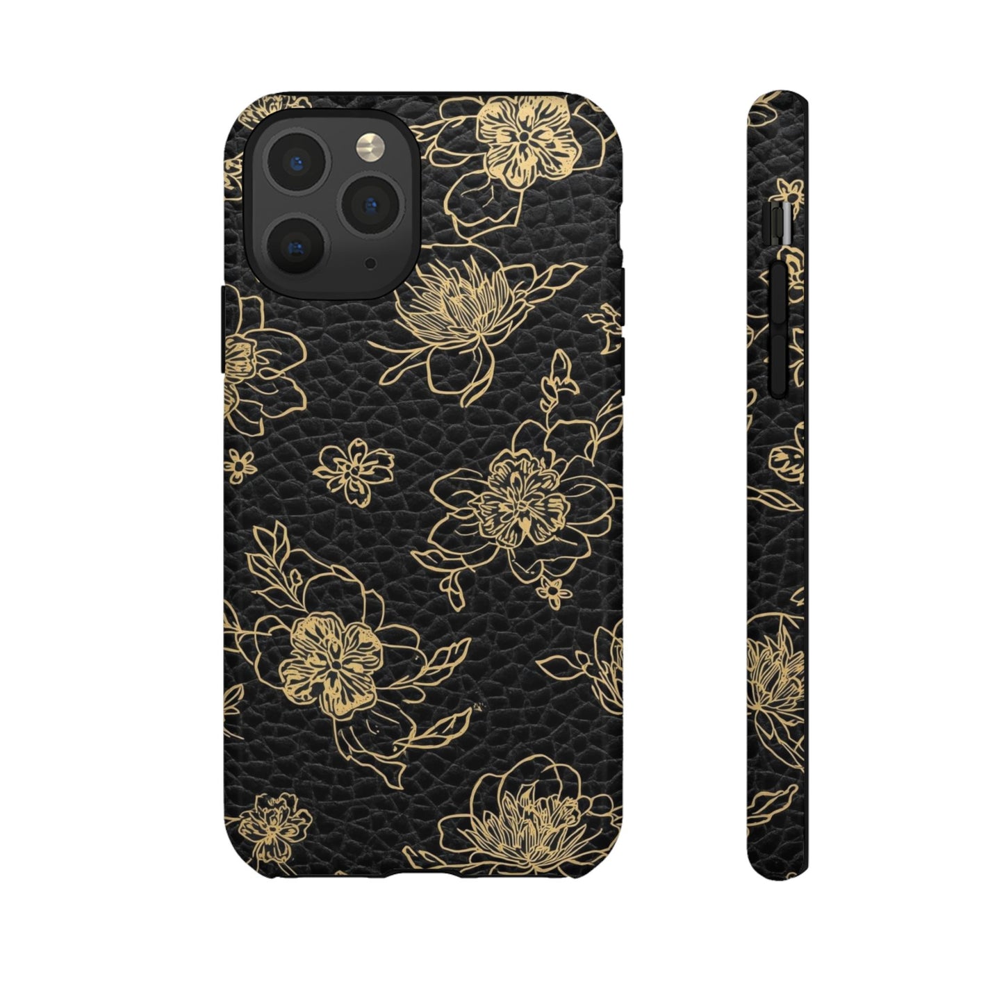 Floral Leather Phone Case — Gold Outline Flowers on Black Tough Case
