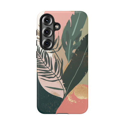 Tropical Leaf Tough Phone Case — Abstract Pink & Green Botanical Protective Cover