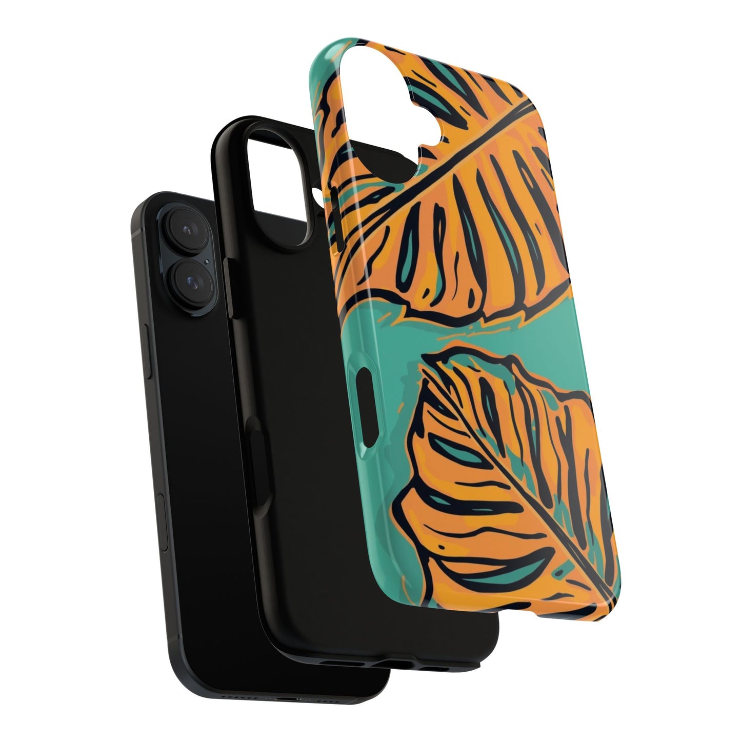 Tropical Leaf Tough Phone Case — Orange Monstera Design on Teal