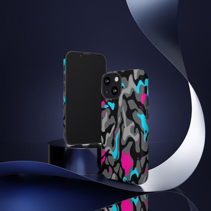Camouflage Phone Case — Gray Camo with Neon Pink & Cyan Accent Tough Protective Cover