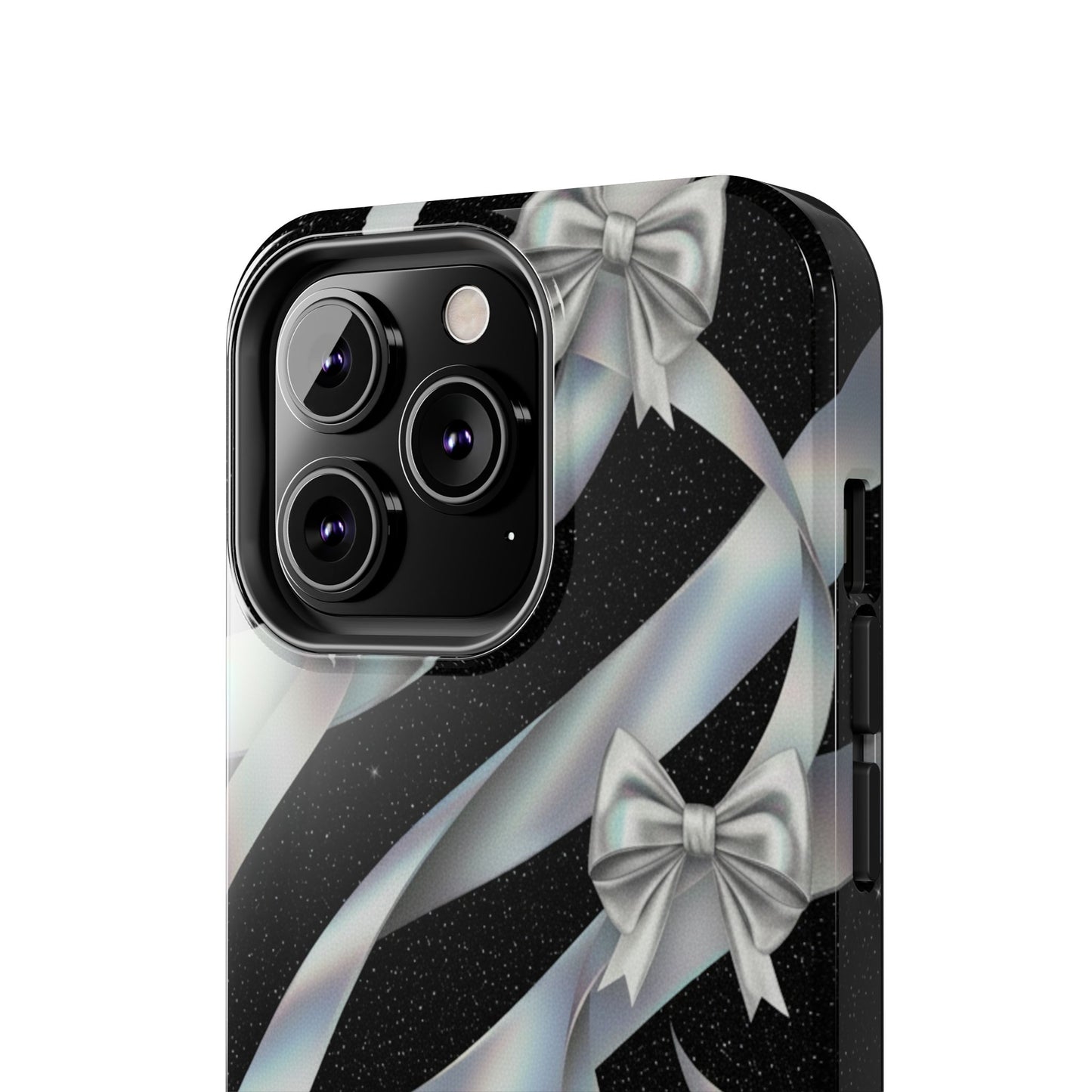 Silver Ribbon Bow Tough Phone Case — Glitter Black Protective Phone Case