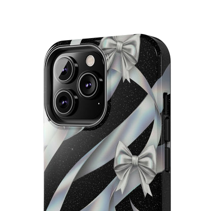 Silver Ribbon Bow Tough Phone Case — Glitter Black Protective Phone Case