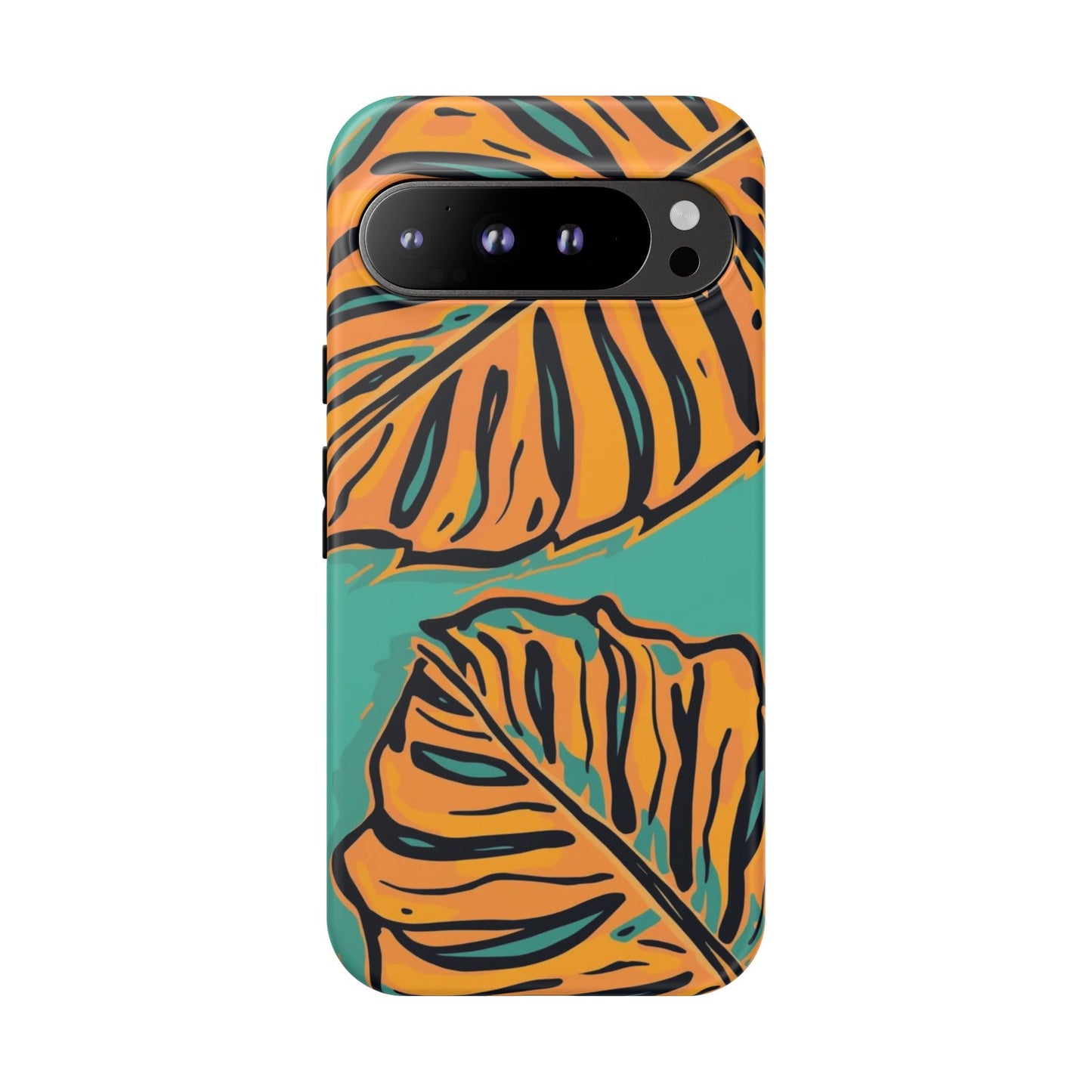 Tropical Leaf Tough Phone Case — Orange Monstera Design on Teal