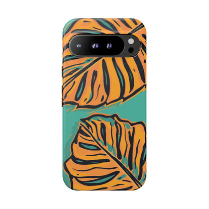 Tropical Leaf Tough Phone Case — Orange Monstera Design on Teal