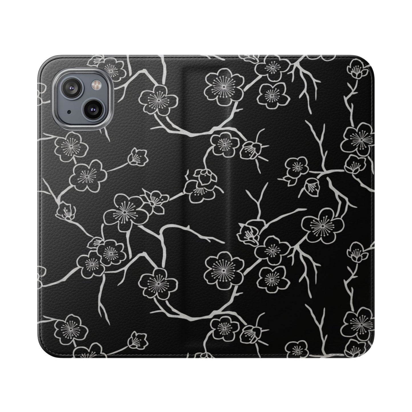 Black Cherry Blossom Flip Phone Case – Floral Wallet Flip Case with Card Slots