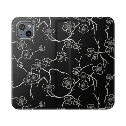 Black Cherry Blossom Flip Phone Case – Floral Wallet Flip Case with Card Slots