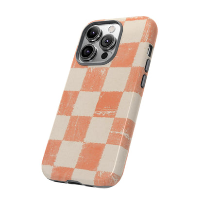 Peach Checkerboard Tough Phone Case — Retro Distressed Grid Design
