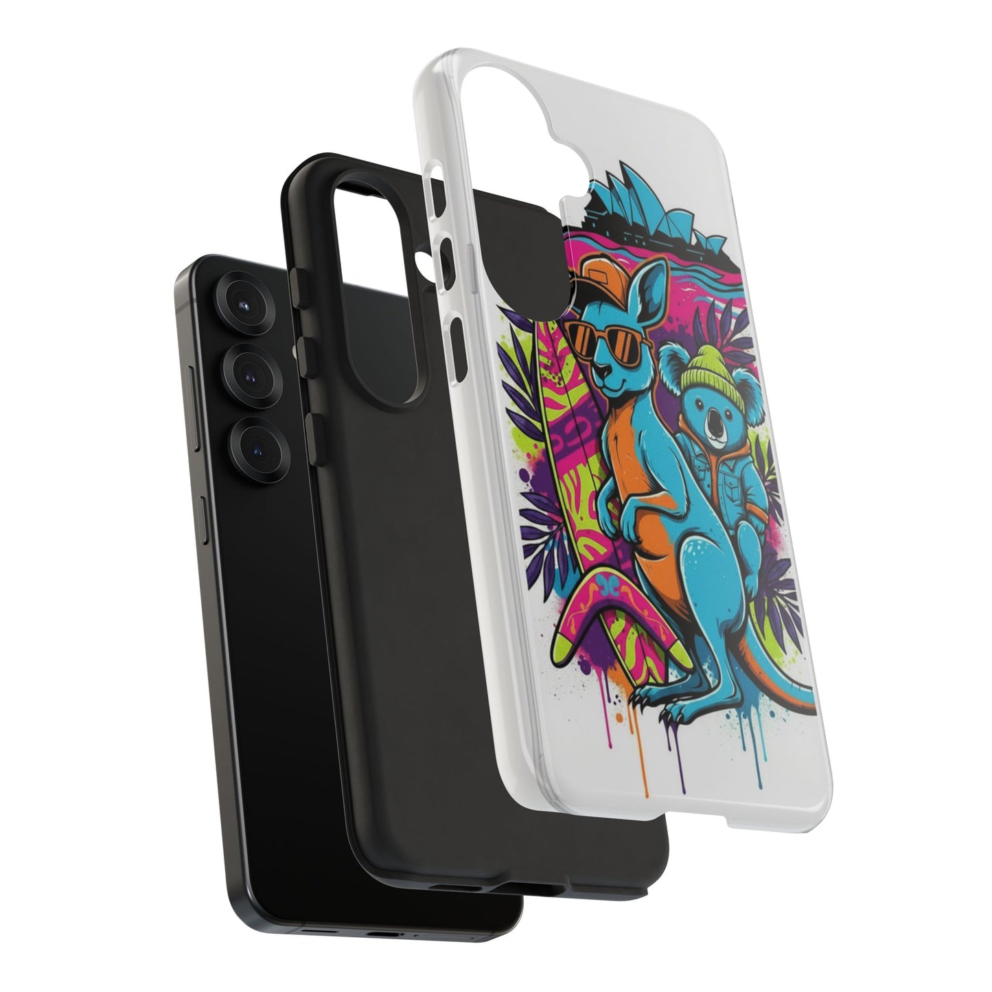 Kangaroo & Koala Surf Phone Case — Retro Neon Beach Art Tough Case