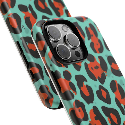 Leopard Print Tough Phone Case — Teal & Rust Protective iPhone Cover